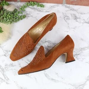 Sacha London Rust Brown Suede Leather Retro Embroidered Spool Heels Size 6.5